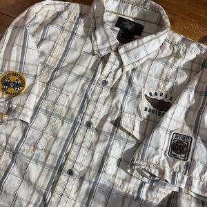 Harley Davidson Shirt Men's 2XL Plaid Embroidered Patches Button Front Pockets